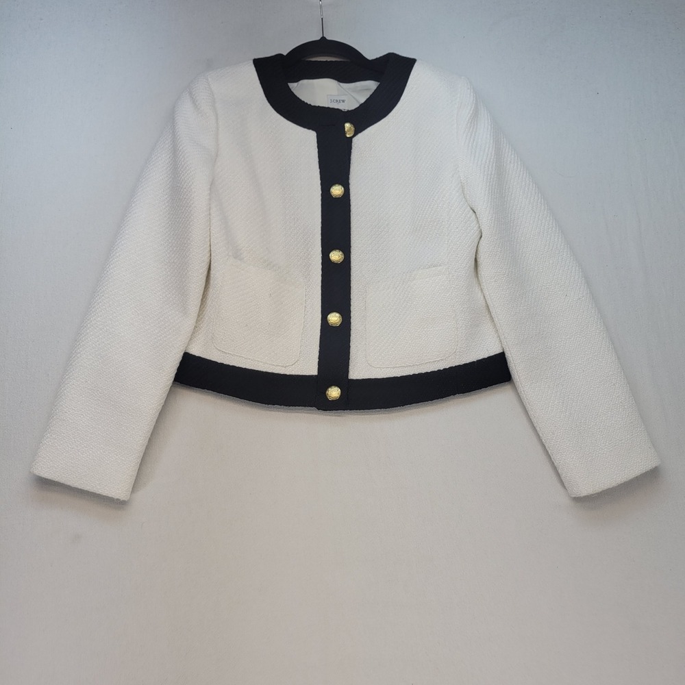 J.Crew Cropped Lady Jacket Womens 8 White Tweed Black Trim Gold Crest Button